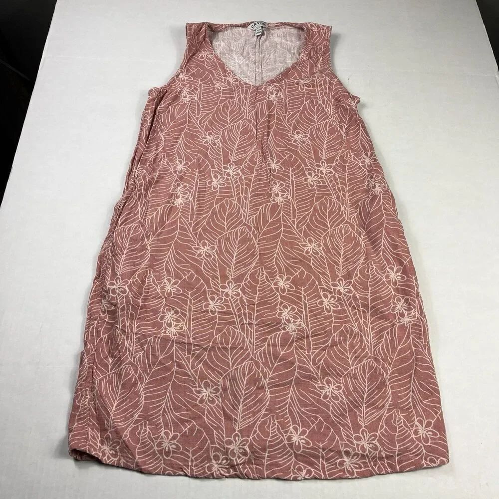 Orvis Womens Linen Blend Shift Dress Leaf Print Sleeveless Casual V-Neck SMALL